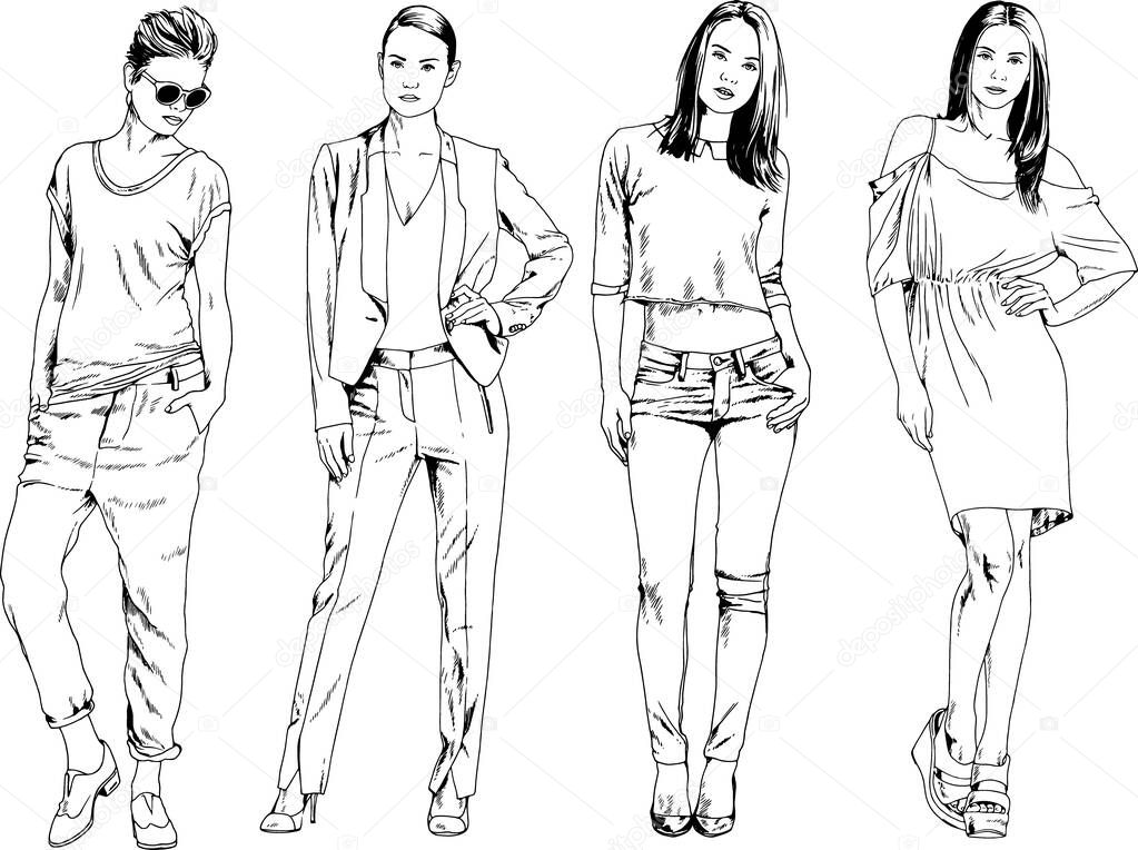 vector drawings on the theme of beautiful slim sporty girl in casual clothes in various poses painted ink hand sketch with no background