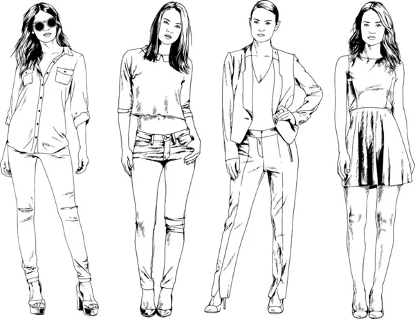 Desenhos Vetoriais Sobre Tema Menina Desportiva Magro Bonita Roupas Casuais — Vetor de Stock