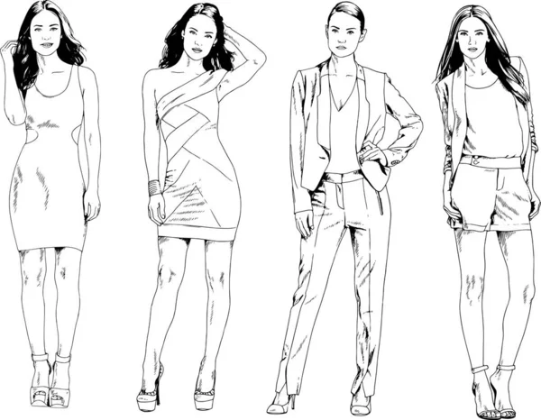 Dibujos Vectoriales Sobre Tema Hermosa Chica Deportiva Delgada Ropa Casual — Vector de stock