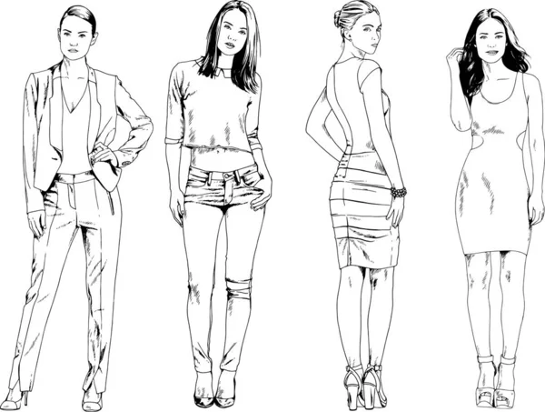 Rysunki Wektorowe Temat Pięknej Szczupłej Sportowej Dziewczyny Ubraniach Casual Różnych — Wektor stockowy