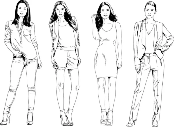 Vector Drawings Theme Beautiful Slim Sporty Girl Casual Clothes Various — Stock Vector