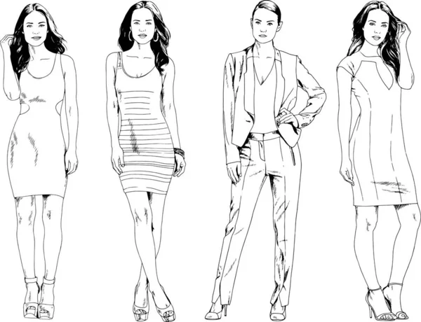 Vector Drawings Theme Beautiful Slim Sporty Girl Casual Clothes Various — Stock Vector