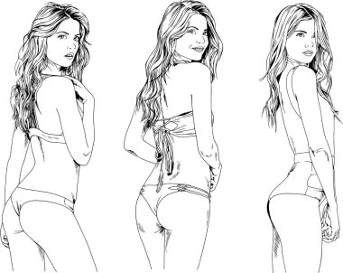 vektörel çizimler güzel kızlar sarışın mayolar mürekkeple elle çizilmiş cinsel teşkil etmektedir, skeçler, arka plan ile obje