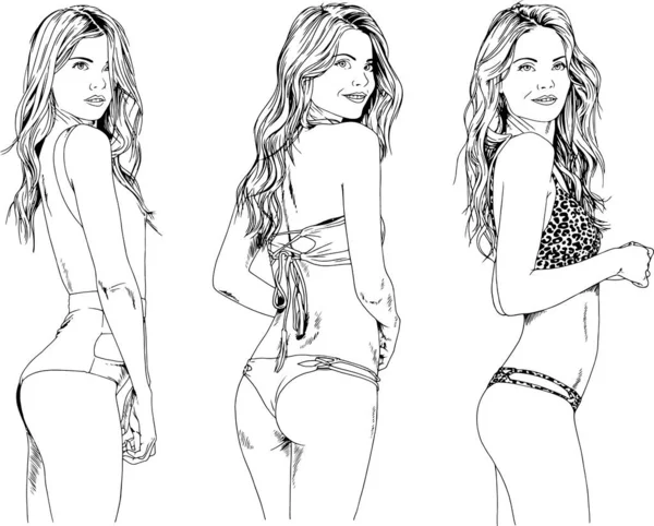 Dibujos Vectoriales Bocetos Hermosas Chicas Rubias Trajes Baño Poses Sexuales — Vector de stock