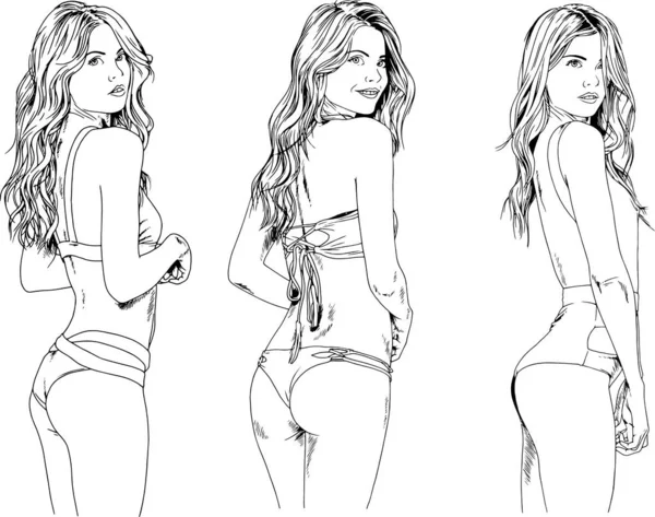 Vektor Zeichnungen Skizzieren Schöne Mädchen Blondinen Badeanzügen Sexuellen Posen Mit — Stockvektor