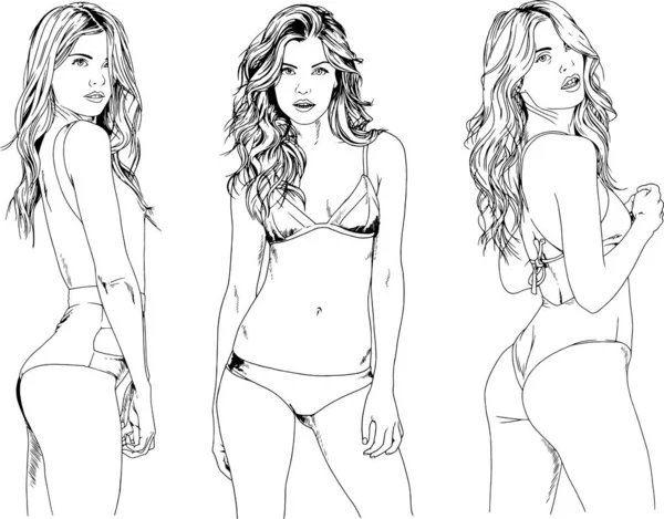 Dibujos Vectoriales Bocetos Hermosas Chicas Rubias Trajes Baño Poses Sexuales — Archivo Imágenes Vectoriales