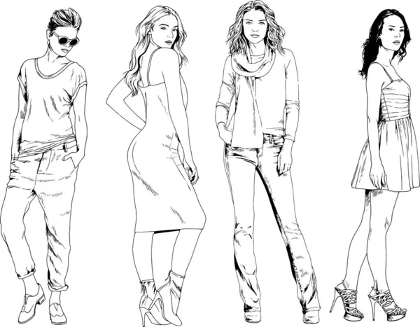 Dibujos Vectoriales Sobre Tema Hermosa Chica Deportiva Delgada Ropa Casual — Vector de stock