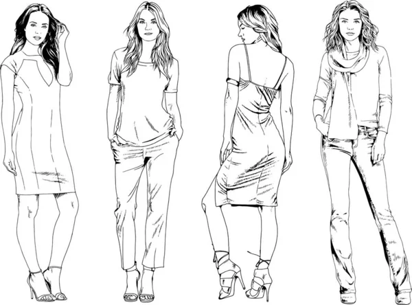 Vektor Tegninger Temaet Smuk Slank Sporty Pige Afslappet Tøj Forskellige – Stock-vektor