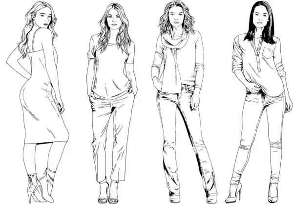 Vector Drawings Theme Beautiful Slim Sporty Girl Casual Clothes Various — Stock Vector