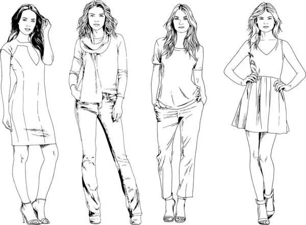 Vector Drawings Theme Beautiful Slim Sporty Girl Casual Clothes Various — Stock Vector