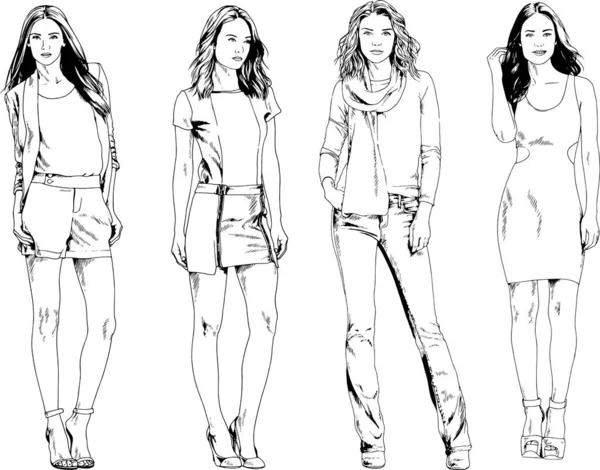 Beautiful Slim Girl Casual Clothes Drawn Ink Hand — Stock Vector