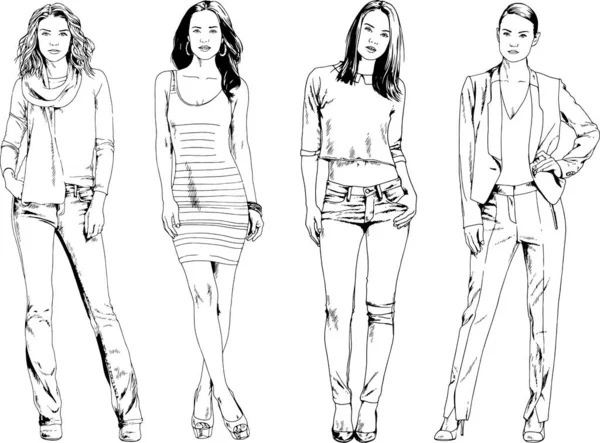 Beautiful Slim Girl Casual Clothes Drawn Ink Hand — Stock Vector