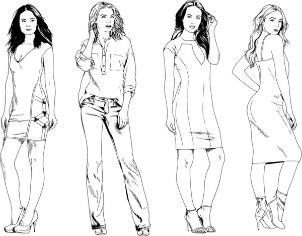 Dibujos Vectoriales Sobre Tema Hermosa Chica Deportiva Delgada Ropa Casual — Archivo Imágenes Vectoriales