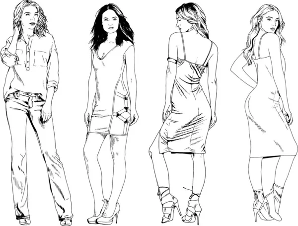 Dibujos Vectoriales Sobre Tema Hermosa Chica Deportiva Delgada Ropa Casual — Vector de stock