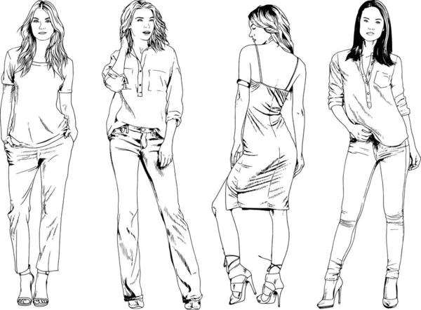 Dibujos Vectoriales Sobre Tema Hermosa Chica Deportiva Delgada Ropa Casual — Vector de stock