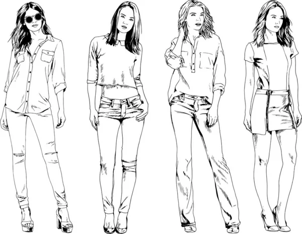 Dibujos Vectoriales Sobre Tema Hermosa Chica Deportiva Delgada Ropa Casual — Vector de stock