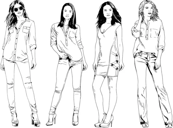 Dibujos Vectoriales Sobre Tema Hermosa Chica Deportiva Delgada Ropa Casual — Vector de stock