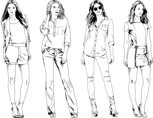 Dibujos Vectoriales Sobre Tema Hermosa Chica Deportiva Delgada Ropa Casual — Vector de stock