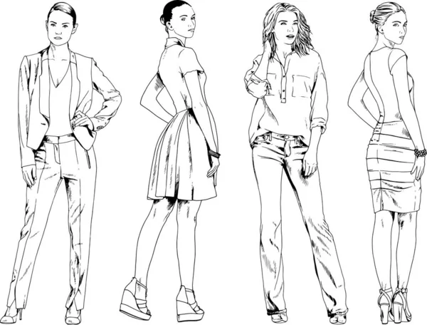 Vektorové Kresby Téma Krásné Štíhlé Sportovní Dívka Ležérní Oblečení Různých — Stockový vektor