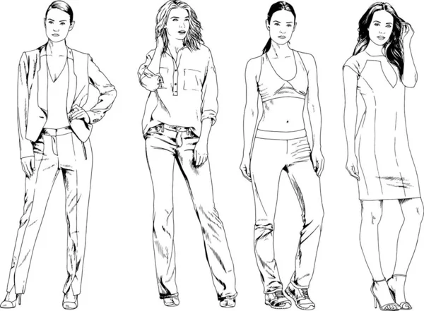 Desenhos Vetoriais Sobre Tema Menina Desportiva Magro Bonita Roupas Casuais — Vetor de Stock