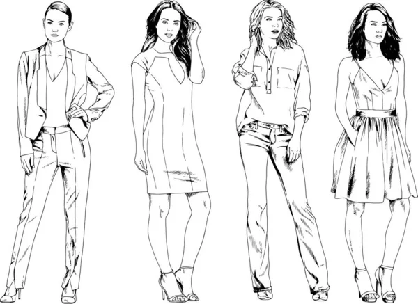 Dibujos Vectoriales Sobre Tema Hermosa Chica Deportiva Delgada Ropa Casual — Vector de stock