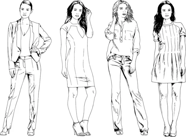 Dibujos Vectoriales Sobre Tema Hermosa Chica Deportiva Delgada Ropa Casual — Vector de stock