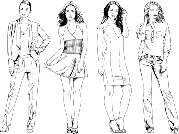 Dibujos Vectoriales Sobre Tema Hermosa Chica Deportiva Delgada Ropa Casual — Vector de stock