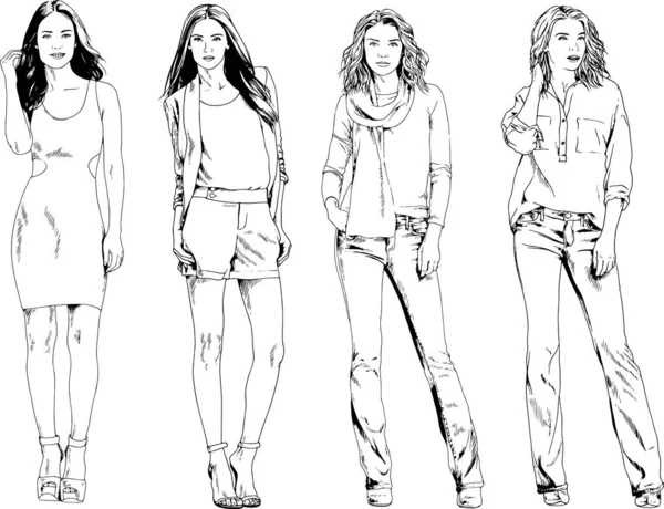 Dibujos Vectoriales Sobre Tema Hermosa Chica Deportiva Delgada Ropa Casual — Vector de stock