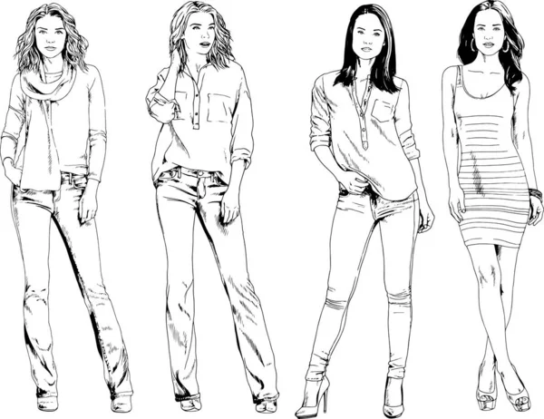 Desenhos Vetoriais Sobre Tema Menina Desportiva Magro Bonita Roupas Casuais — Vetor de Stock