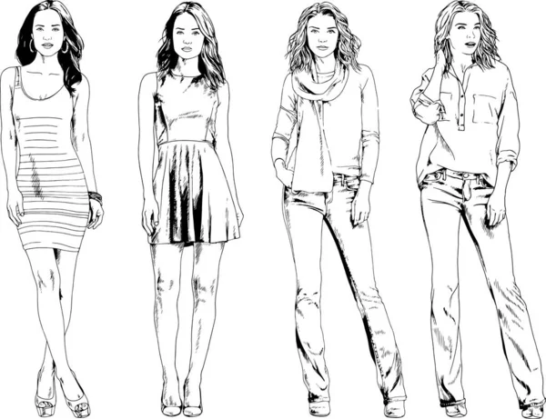 Vector Drawings Theme Beautiful Slim Sporty Girl Casual Clothes Various — Stock Vector