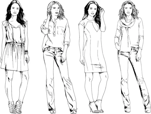 Dibujos Vectoriales Sobre Tema Hermosa Chica Deportiva Delgada Ropa Casual — Vector de stock