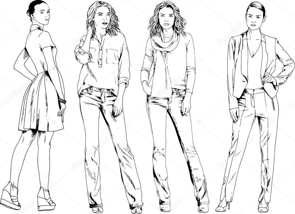 vector drawings on the theme of beautiful slim sporty girl in casual clothes in various poses painted ink hand sketch with no background