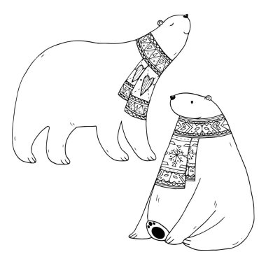 İki tek renkli beyaz ayı ile Atkılar beyaz arka plan üzerinde