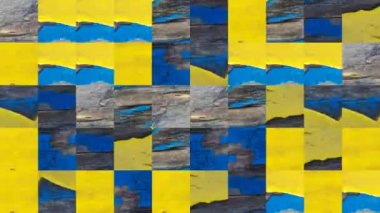 Mavi sarı boyanın soyulduğu kahverengi eski bir tahtanın elementlerinden mozaik dokuların soyut videosu. Arkaplan tasarımı. Arkaplan. Duvar Kağıdı.