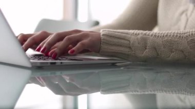 Genç kadın profesyonel yüksek kaliteli dizüstü bilgisayarda yazarak