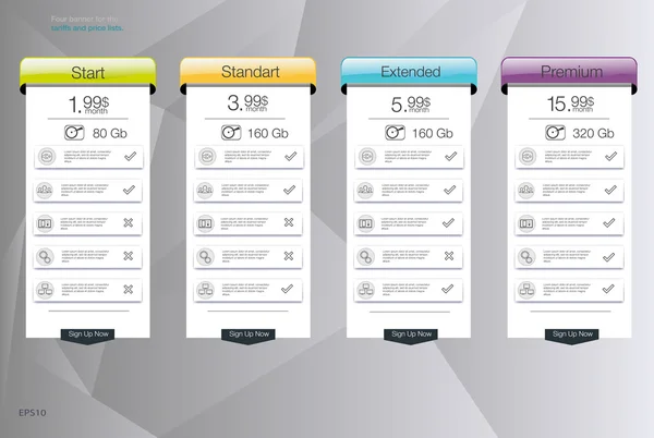 Quatro faixas para o serviço de céu nublado. Lista de preços, planos de hospedagem e web boxes banners design. Quatro faixas para as tarifas e listas de preços. Elementos Web. Planear hospedagem. Design vetorial para aplicativo web . — Vetor de Stock