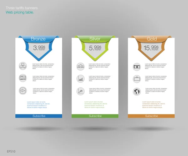 Three tariffs banners. Web pricing table. Vector design for web app. Set offer tariffs. Price list. — Stock Vector