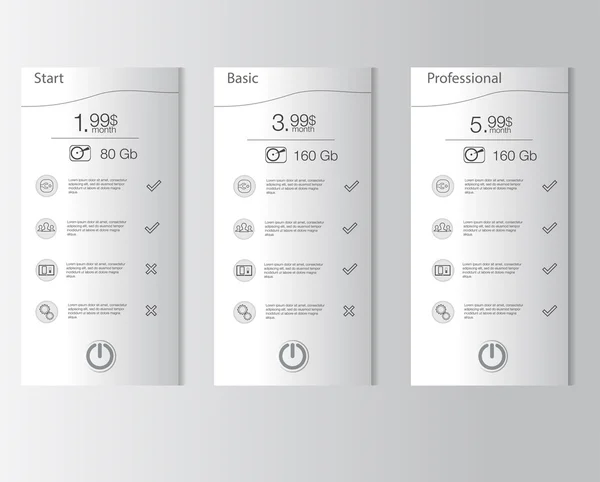 Lista de precios, tres tarifas. Fija tarifas. Interfaz para el sitio . — Vector de stock