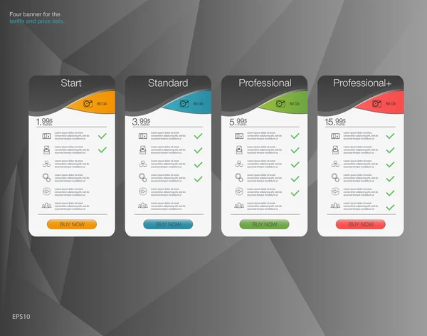 Quatre bannières pour les tarifs et les listes de prix. Des éléments Web. Hébergement planifié. Conception vectorielle pour l'application web. Quatre bannières pour le service du ciel nuageux. Liste de prix, plans d'hébergement et bannières de boîtes Web design . — Image vectorielle
