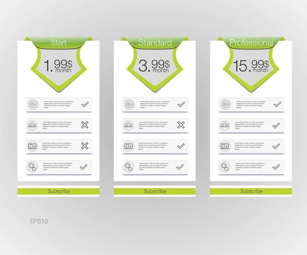 Lista de preços. Três faixas tarifárias. Tabela de preços da Web. Design vetorial para aplicativo web . —  Vetores de Stock