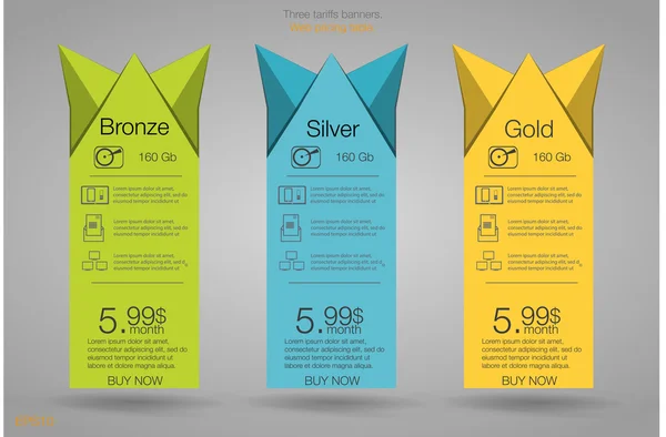 Tres pancartas para las tarifas y listas de precios. Elementos web. Plan de alojamiento. Diseño vectorial para aplicación web. Plan para sitio web en diseño plano . — Vector de stock