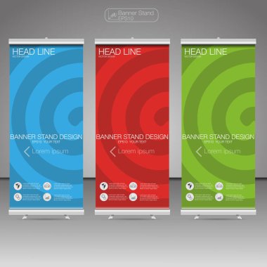 Roll Up Banner Stand, şablon ve bilgi grafik banner stand tasarımı. Vektör.