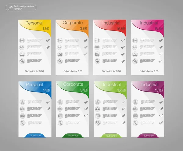 Ställ in tariffer banners. Webben pristabellen. Vektor design för web app. 8 färgade banners. — Stock vektor