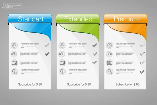 Trois bannières, liste de prix, interface pour le site. bannière vectorielle pour application web. 3 position . — Image vectorielle