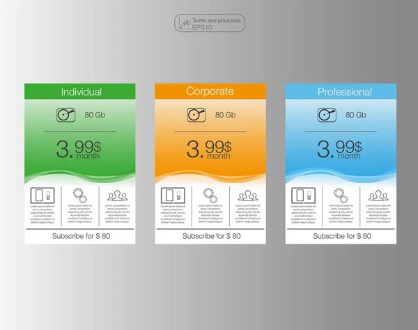 Tre banner, prislista, gränssnitt för webbplatsen. Vector banner för web app. 3 position. Tre vektor prissättning tabeller för webben. — Stock vektor