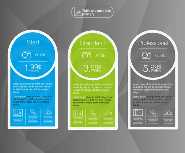 Liste de prix, trois tarifs. Fixer des tarifs. Interface pour le site . — Image vectorielle