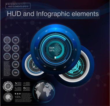 Arka plan hud farklı unsurları ile. Hud elemanları, grafik! Vektör çizim. Head-up görüntüleme öğeleri bilgi-grafik öğeleri için. Siyah ve beyaz.