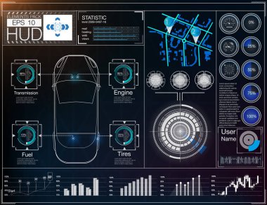 Futuristik kullanıcı arayüzü. Yüksek çözünürlük. Soyut sanal dokunmatik kullanıcı arayüzü. Araba bilgisi var. Vektör bilimi soyut. Vektör illüstrasyonu.