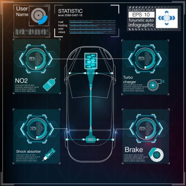 Futuristik kullanıcı arayüzü. Yüksek çözünürlük. Soyut sanal dokunmatik kullanıcı arayüzü. Araba bilgisi var. Vektör bilimi soyut. Vektör illüstrasyonu.