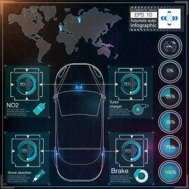 Futuristik kullanıcı arayüzü. Yüksek çözünürlük. Soyut sanal dokunmatik kullanıcı arayüzü. Araba bilgisi var. Vektör bilimi soyut. Vektör illüstrasyonu.